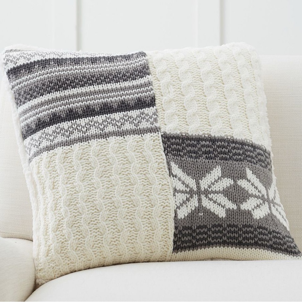 Pottery Barn Sweater Patchwork Pillow Cover - Gray and Cream